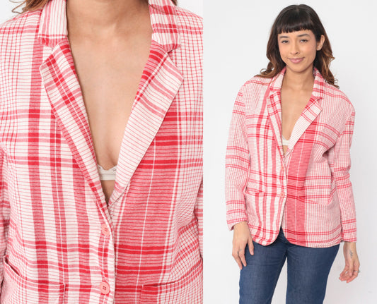 80s WilliWear Willi Smith Plaid Blazer Red White Cotton Jacket Small S