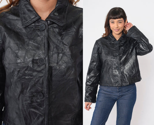 00s Black Patchwork Leather Moto Jacket Italian Stone Design Medium