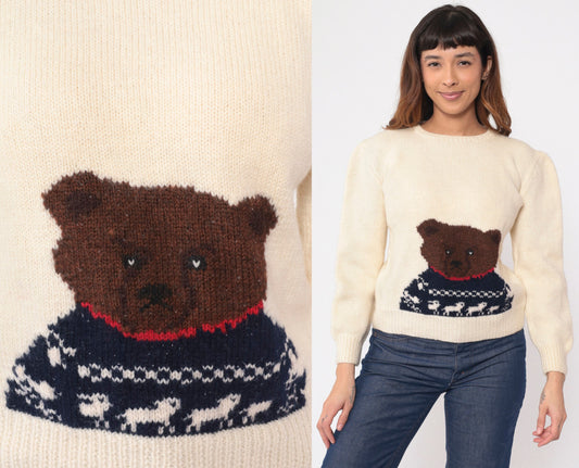 80s Cream Wool Teddy Bear Sweater Knit Pullover Small S