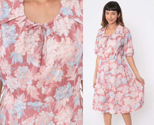 70s Pink Floral Midi Dress Puff Sleeve Collared Drawstring High Waist Medium Large