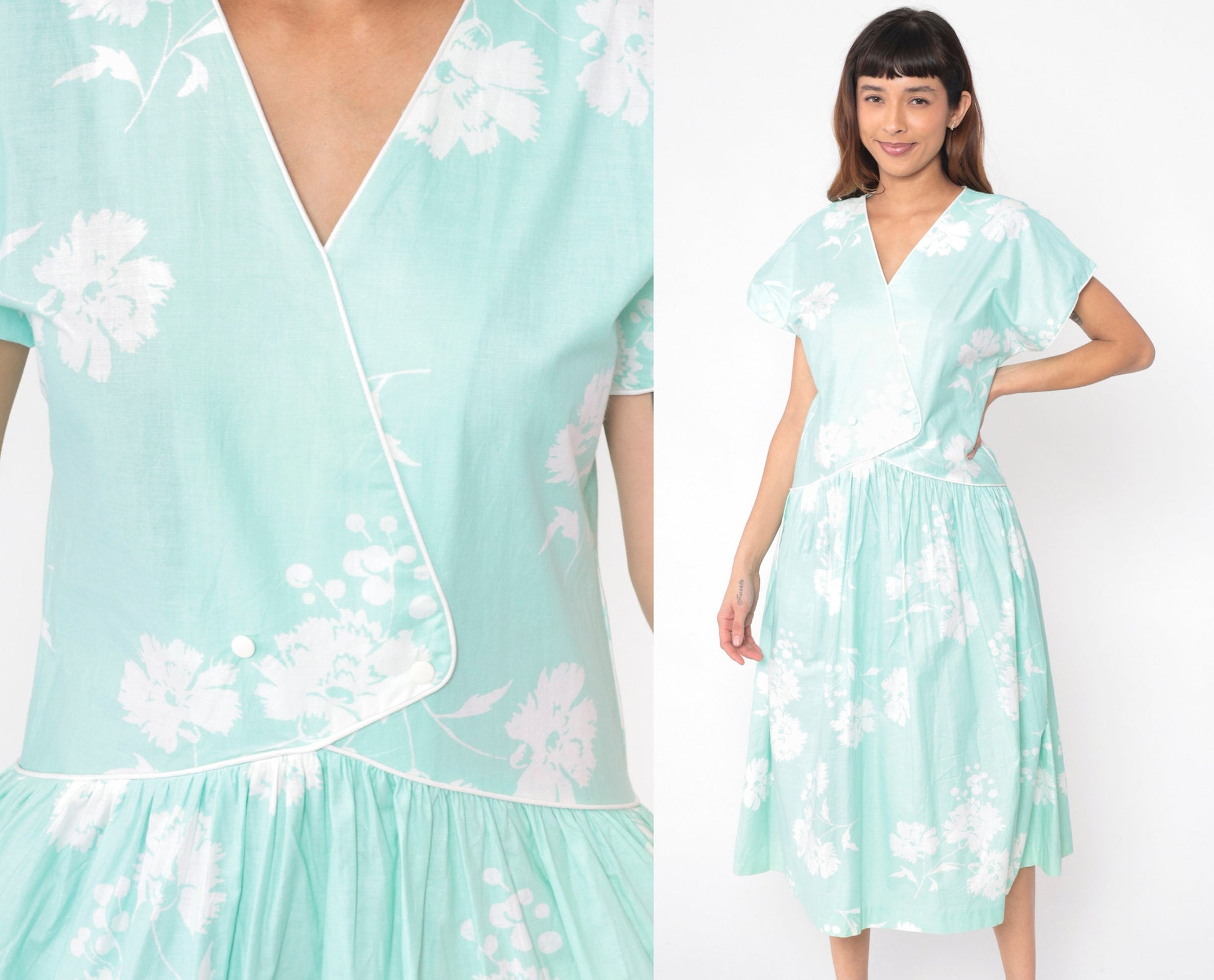 80s Mint Floral Midi Dress High Waisted Button Front Short Sleeve Medium