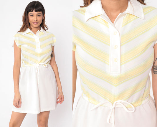 70s Chevron Striped Mini Dress Yellow White Collared Button-Up Small S