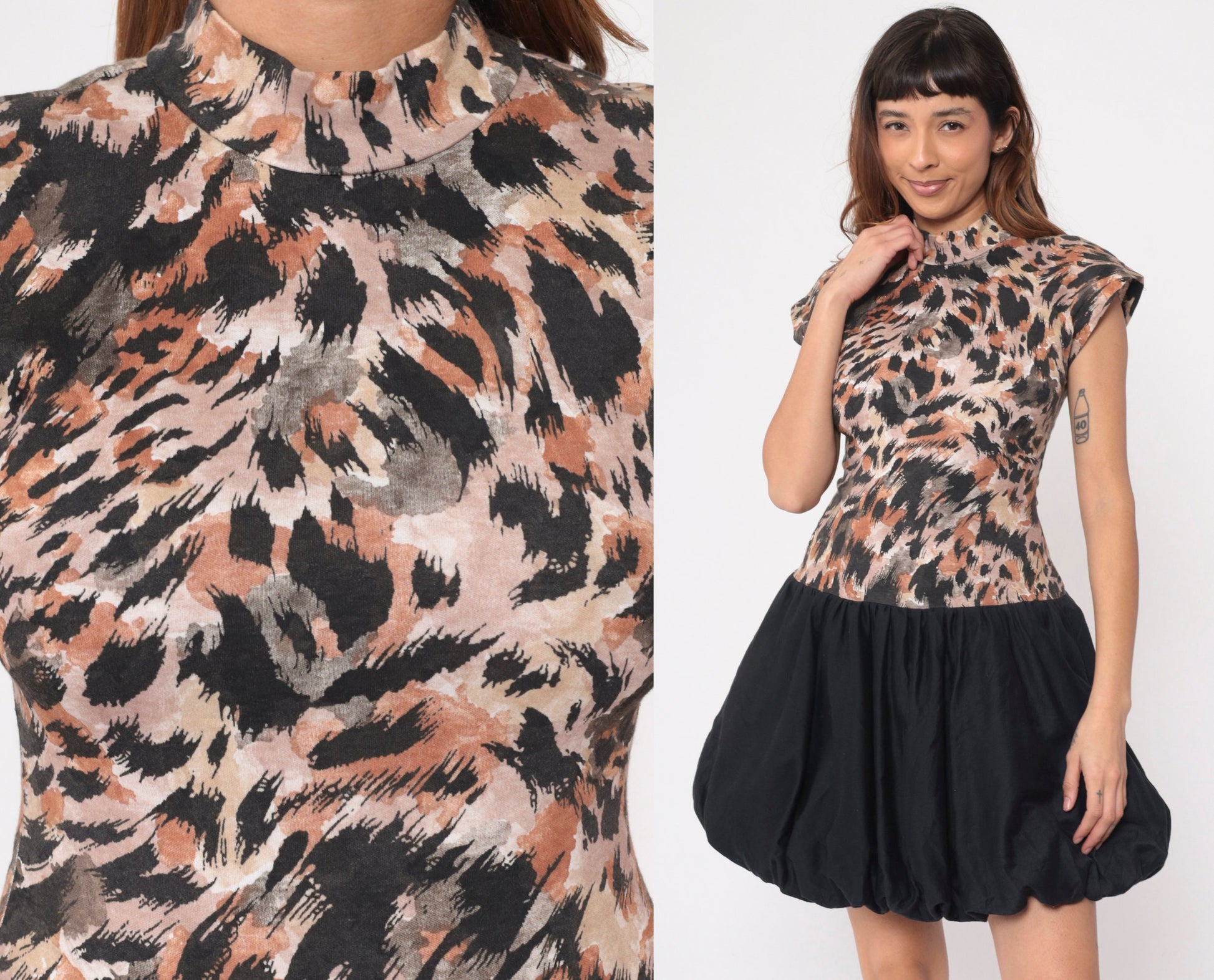 90s All That Jazz Animal Print Mini Dress Drop Waist Bubble Hem Cap Sleeve Small