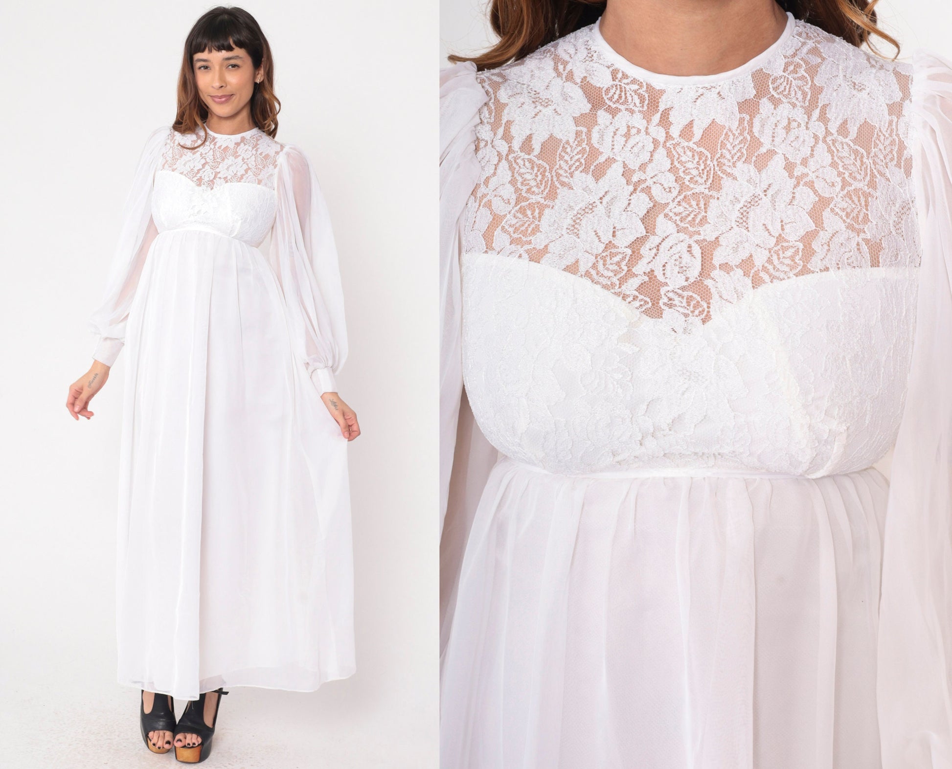 70s White Lace Maxi Wedding Dress Empire Waist Balloon Sleeve Sweetheart Neckline Extra Small