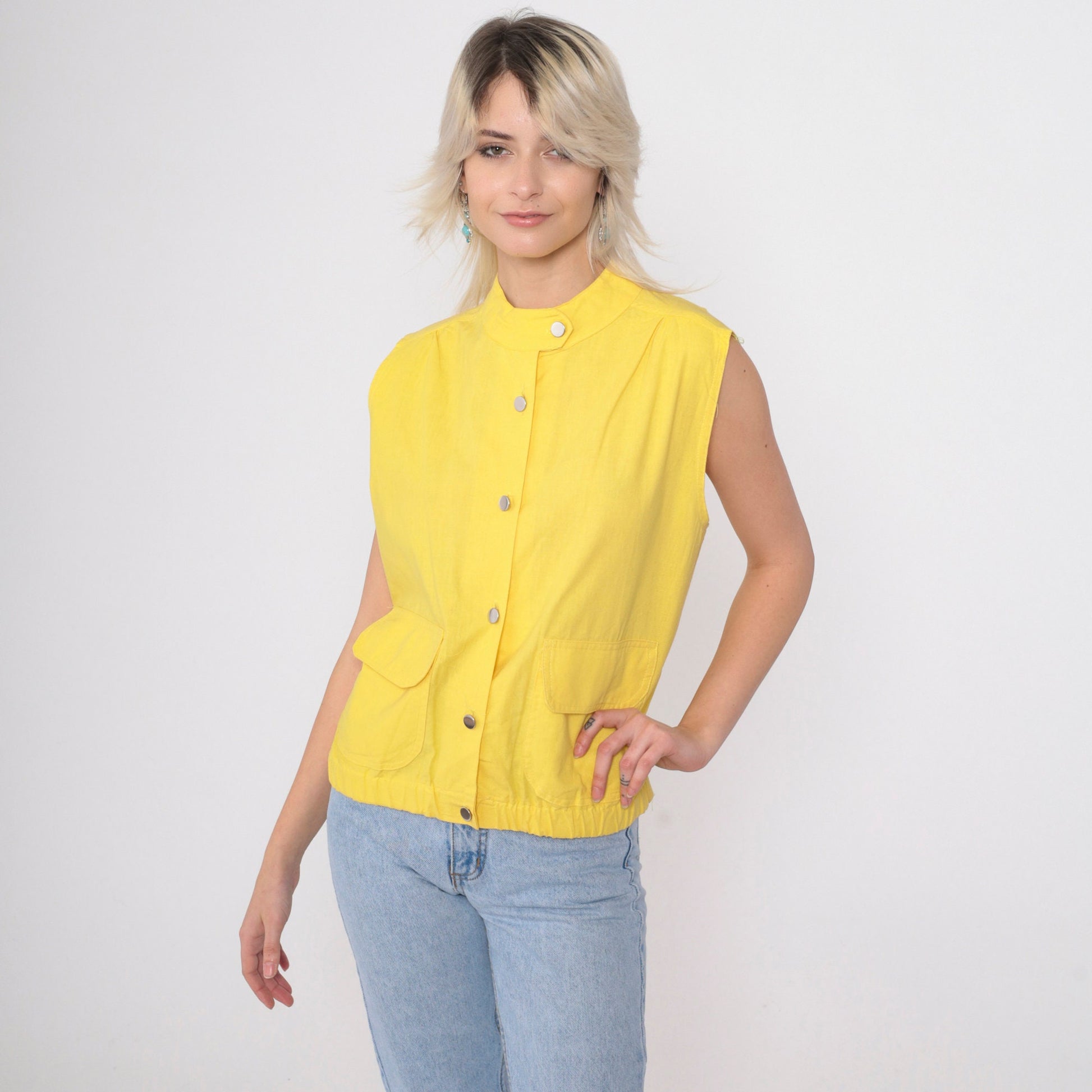 80s Jess Yellow Utility Tank Top Button-Up Vest Silver Banded Collar Medium