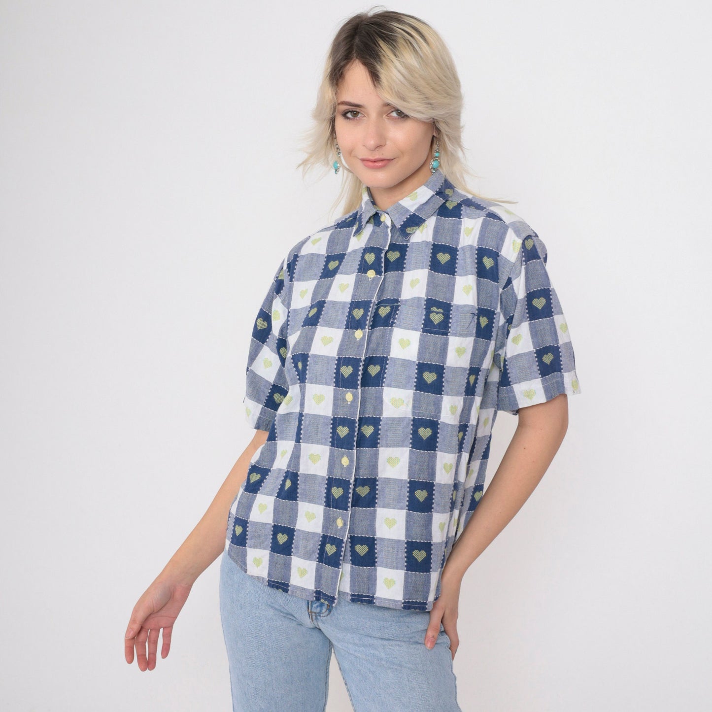 90s Blue Buffalo Plaid Shirt Embroidered Hearts Button Up Petite Medium