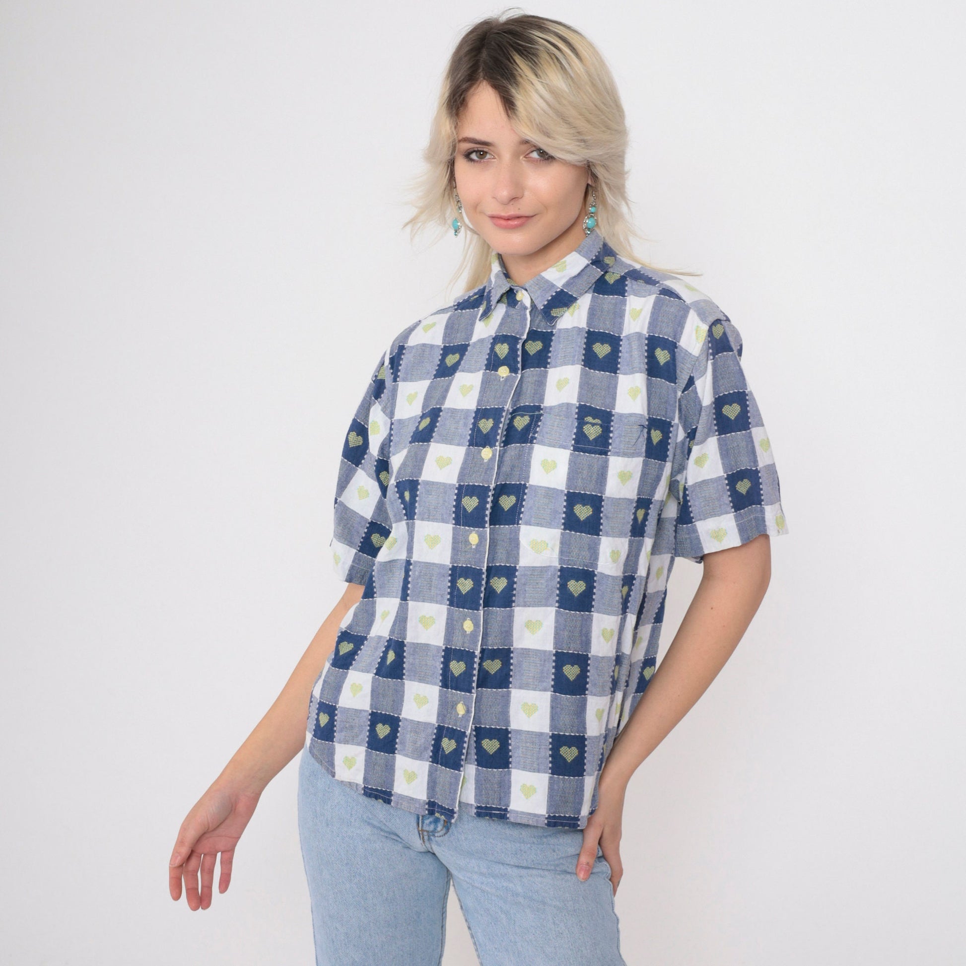 90s Blue Buffalo Plaid Shirt Embroidered Hearts Button Up Petite Medium