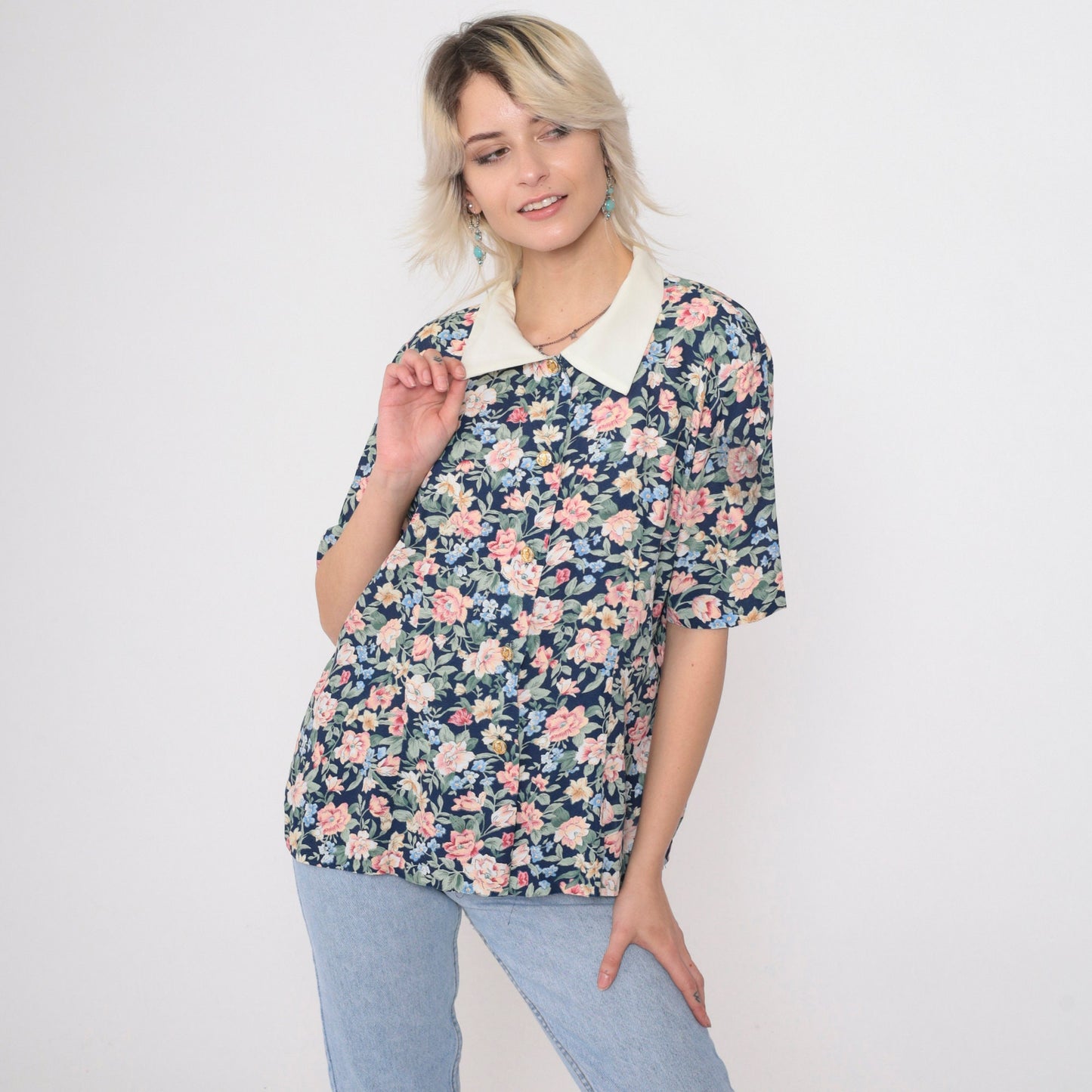 90s Dark Blue Floral Button Up Blouse White Collar Gold Buttons Small