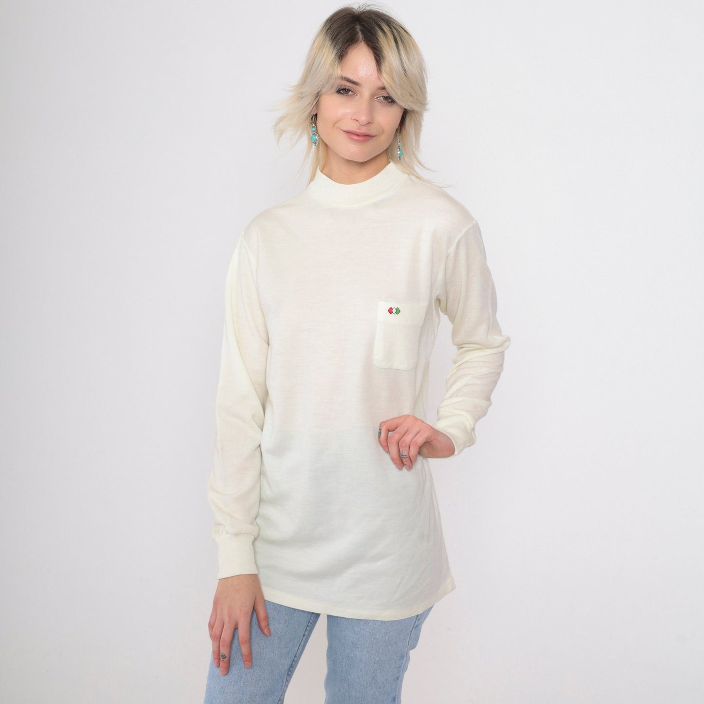 80s Mock Neck Shirt Cream Diamond Pocket Long Sleeve Top Small