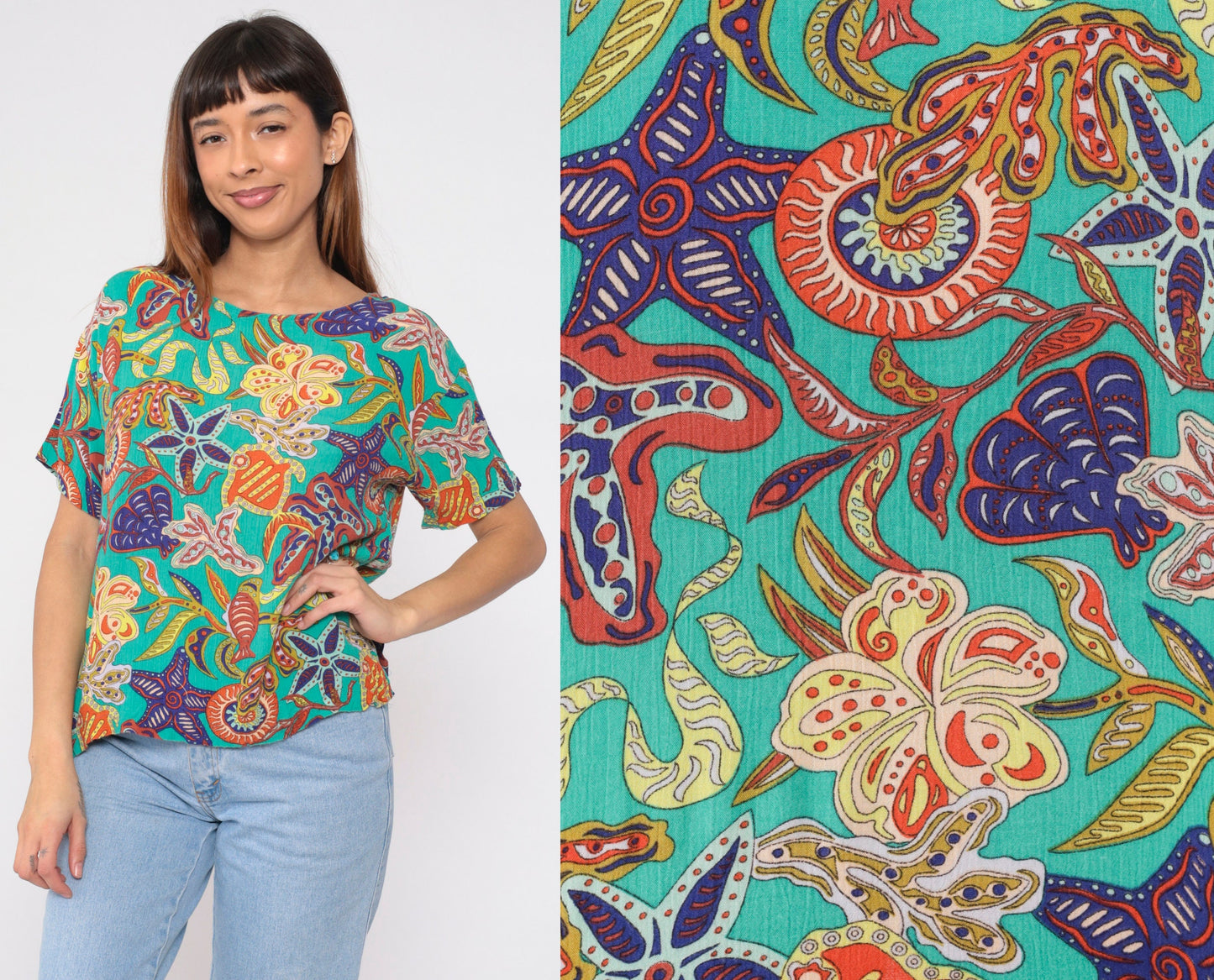 90s Under The Sea Print Rayon Blouse Turquoise Fish Starfish Small