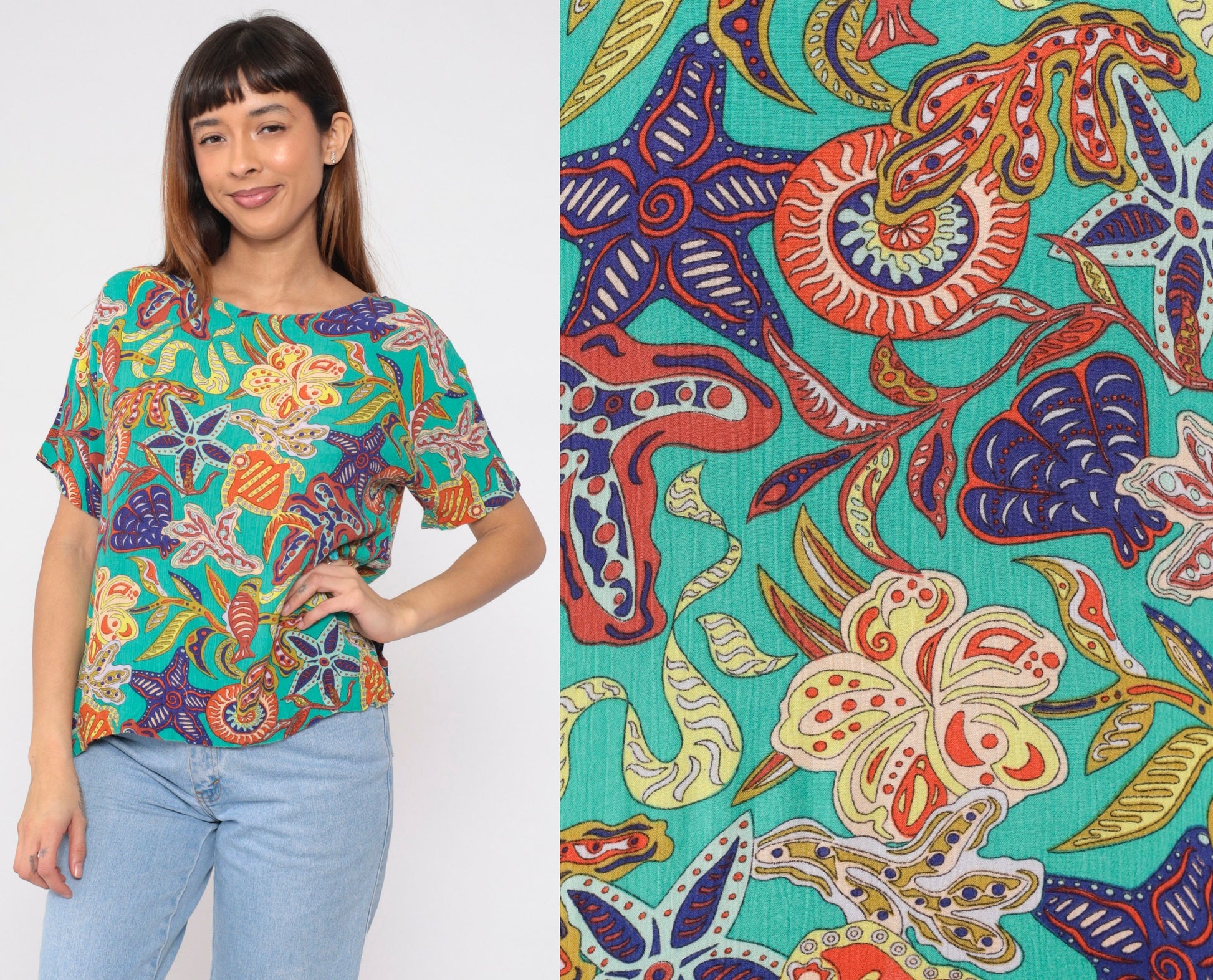 90s Under The Sea Print Rayon Blouse Turquoise Fish Starfish Small