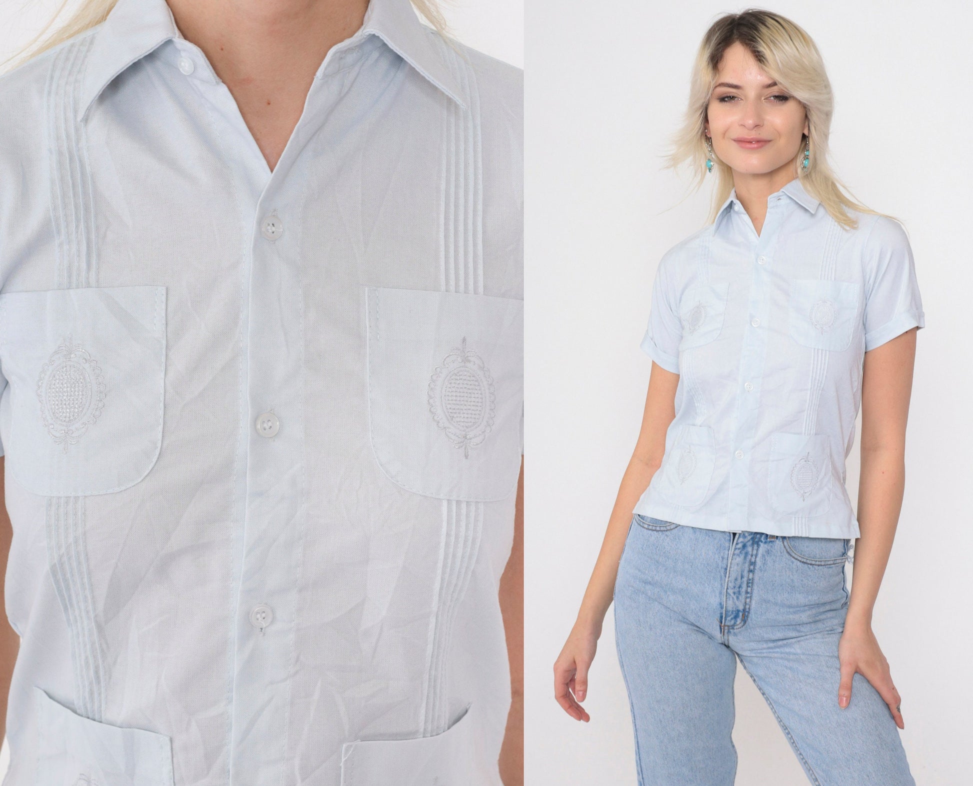 80s Baby Blue Embroidered Pintuck Button-Up Shirt Short Sleeve XXS