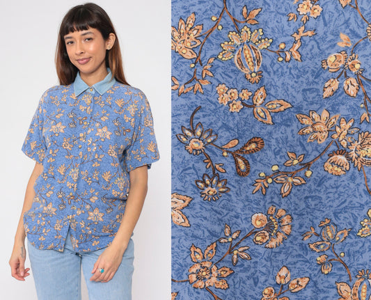 90s Blue Floral Button-Up Blouse Denim Collar Short Sleeve Small S