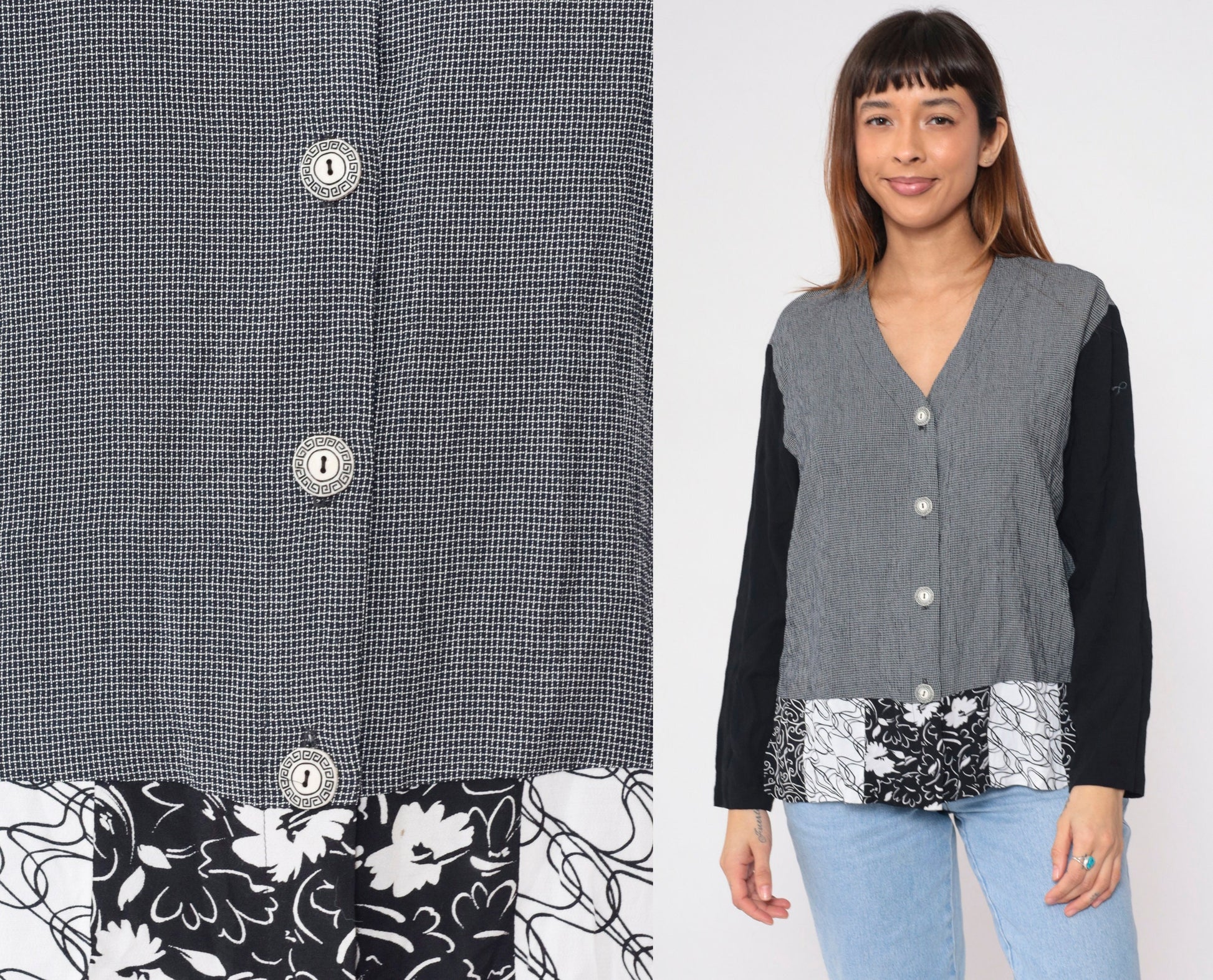 90s Aimee d Black White Checkered Floral Print Blouse V Neck Long Sleeve Small