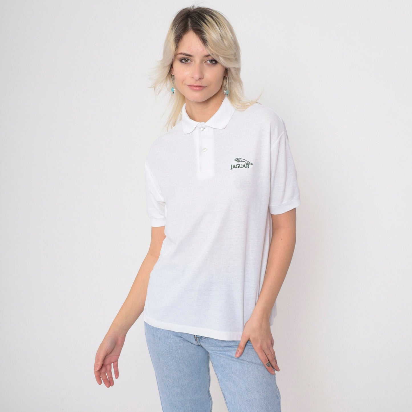 80s Jaguar Logo Polo Shirt White Cotton Graphic Button-Up Medium