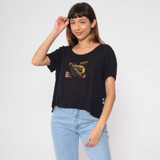90s Black Leaf Patch Blouse Short Sleeve Button Side Slit Rayon Top Medium