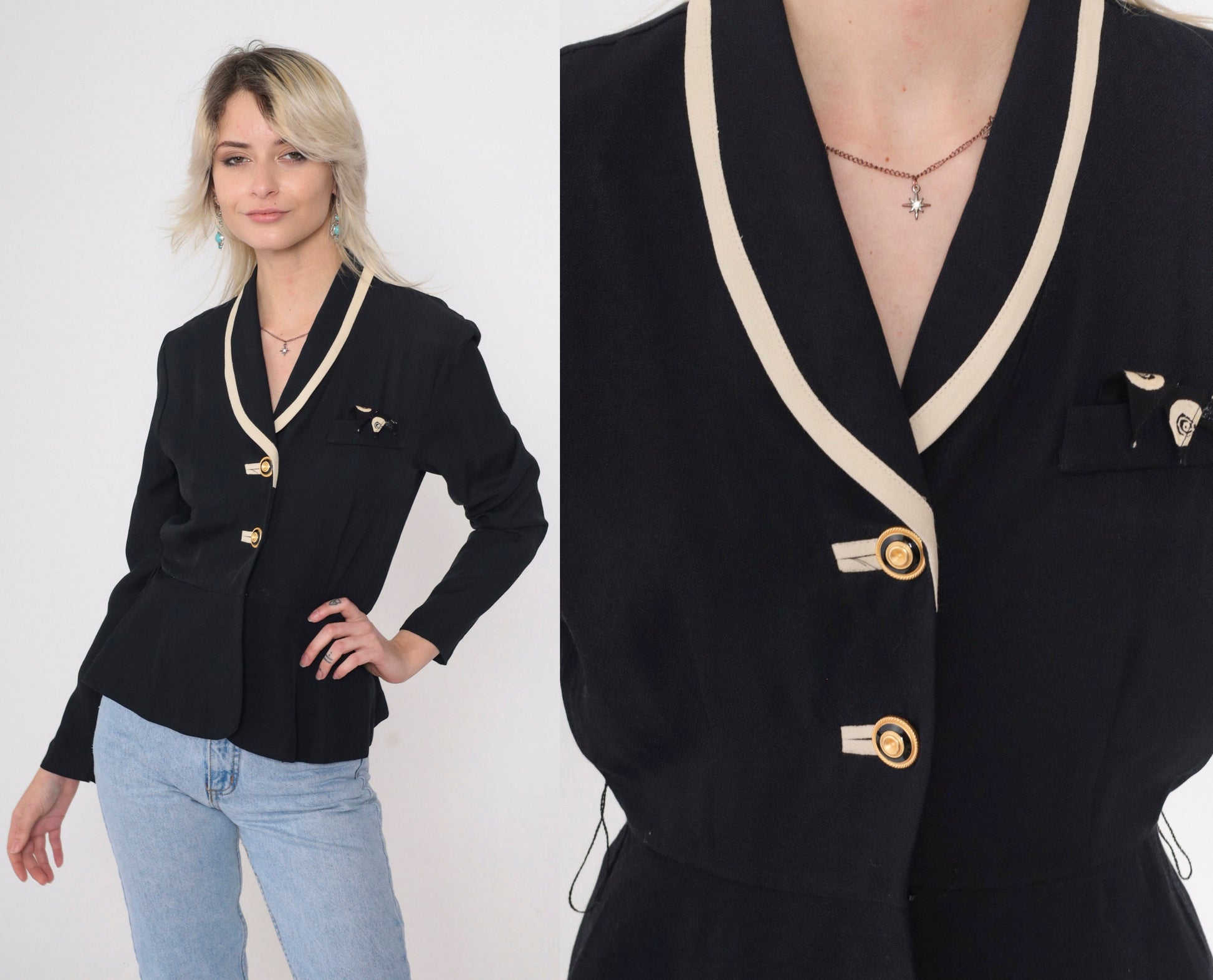 90s Black Blazer with Cream Trim Peplum Jacket Gold Buttons Small