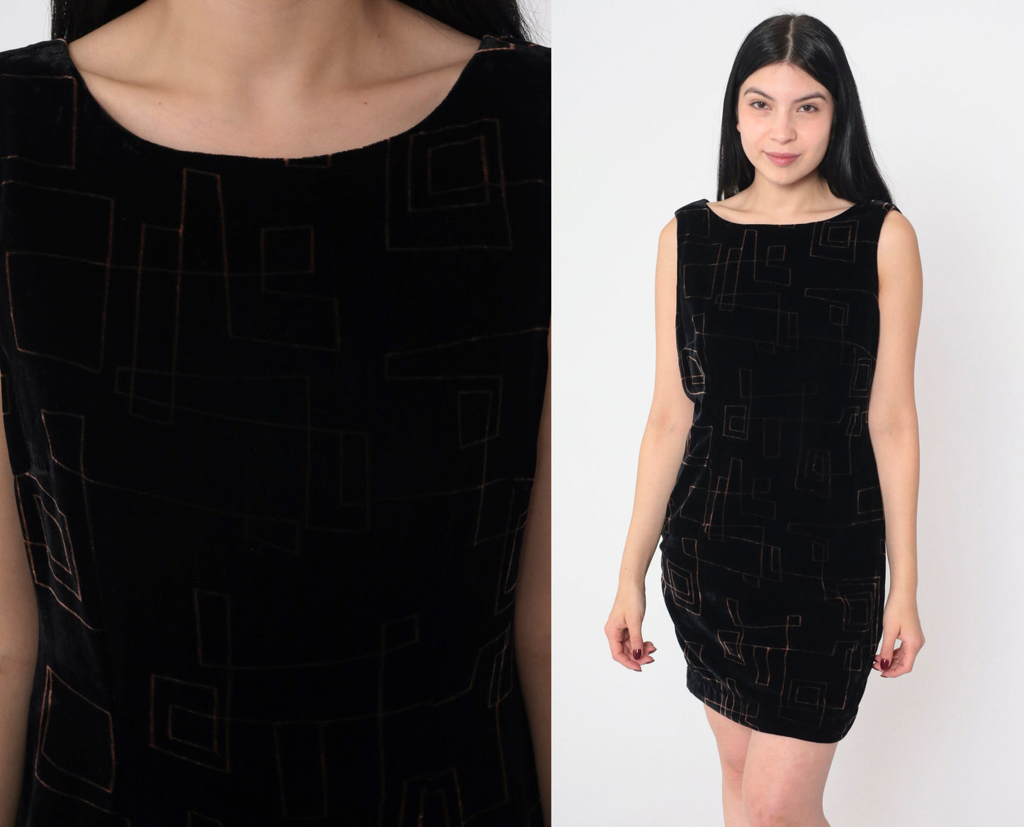 00s Jones New York Black Velvet Mini Dress Copper Geometric V Back Small