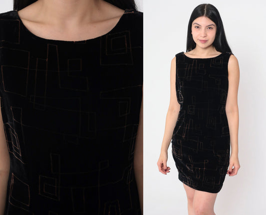 00s Jones New York Black Velvet Mini Dress Copper Geometric V Back Small