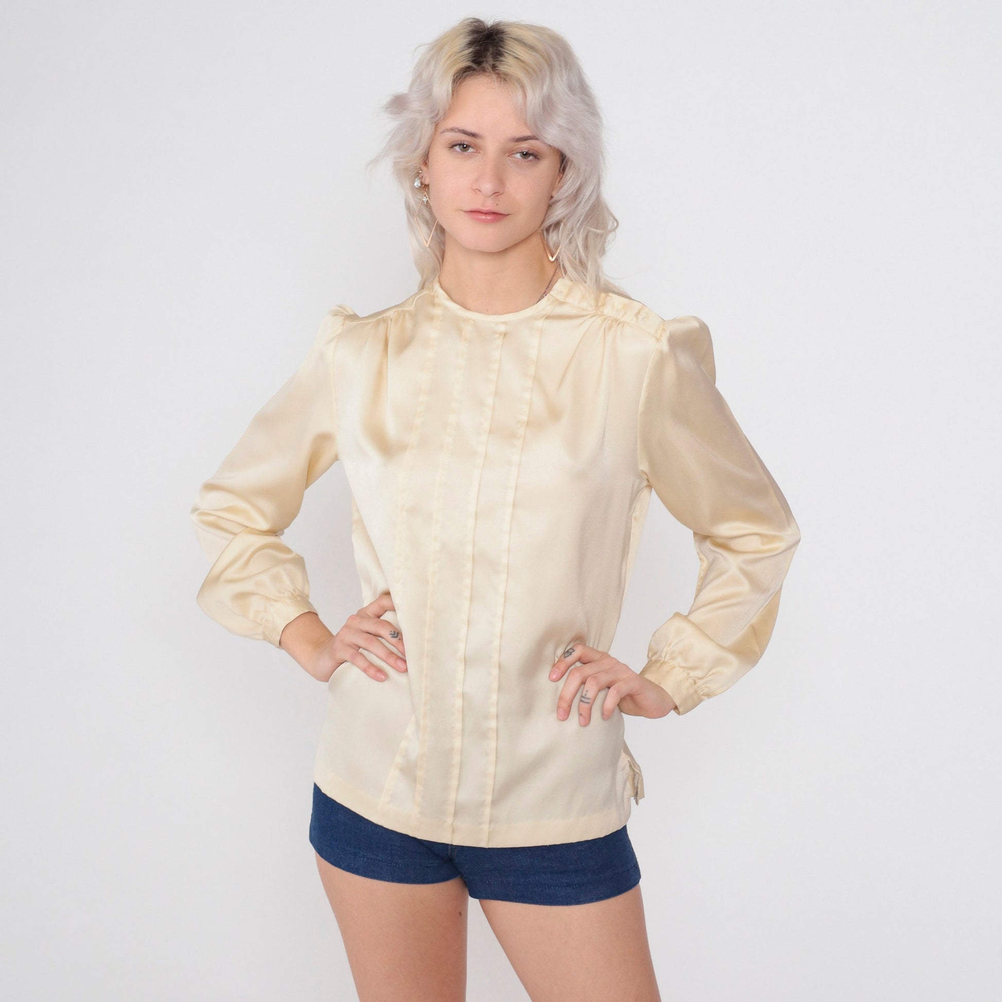 80s Cream Satin Blouse Puff Sleeve Pleated Shoulder Button Medium