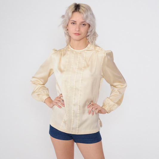 80s Cream Satin Blouse Puff Sleeve Pleated Shoulder Button Medium