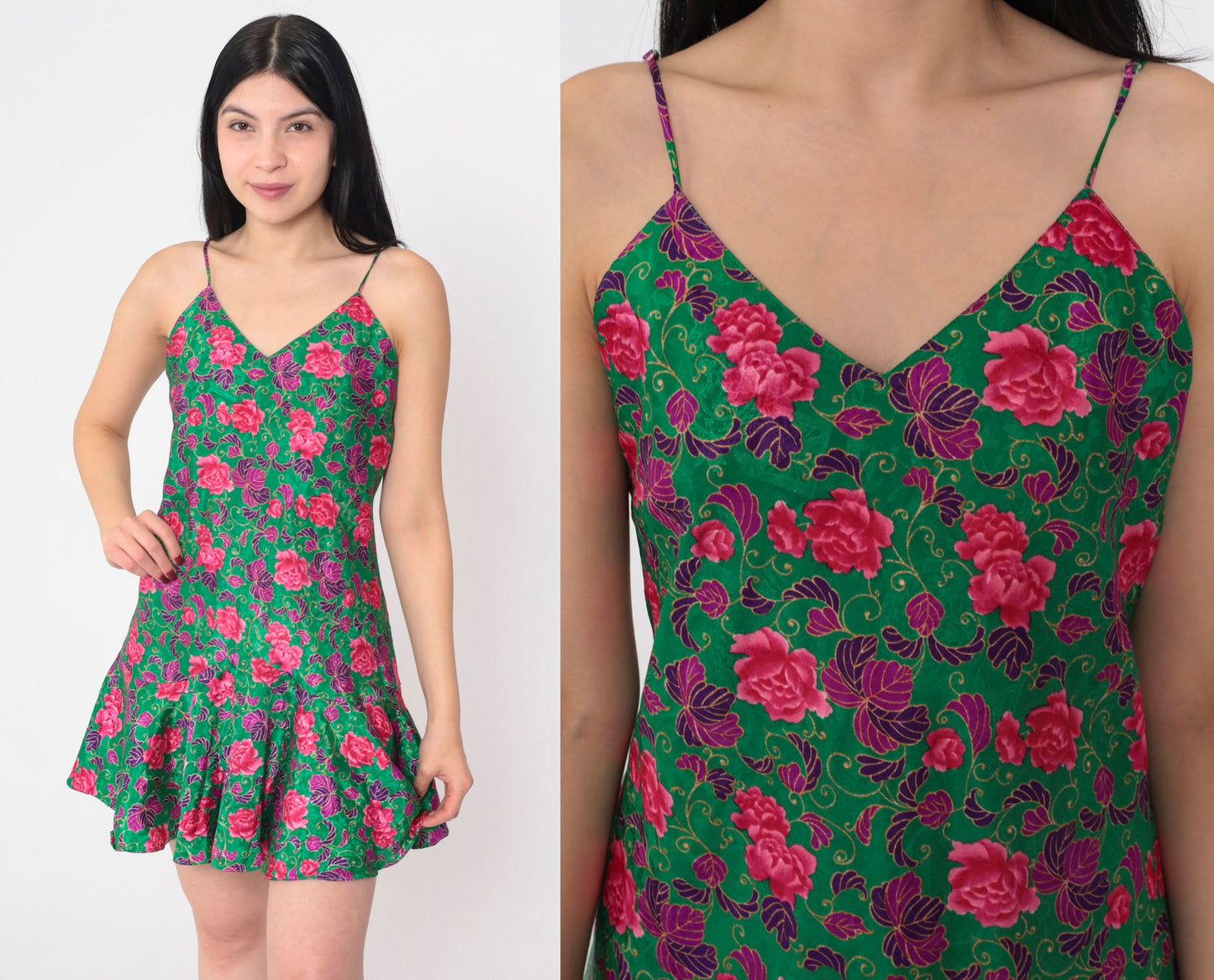 90s Green Floral Mini Slip Dress Drop Waist Spaghetti Strap Small M