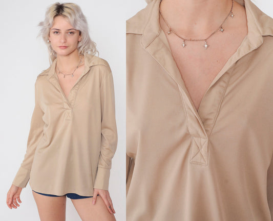 70s Tan Johnny Collar Long Sleeve Blouse Large L