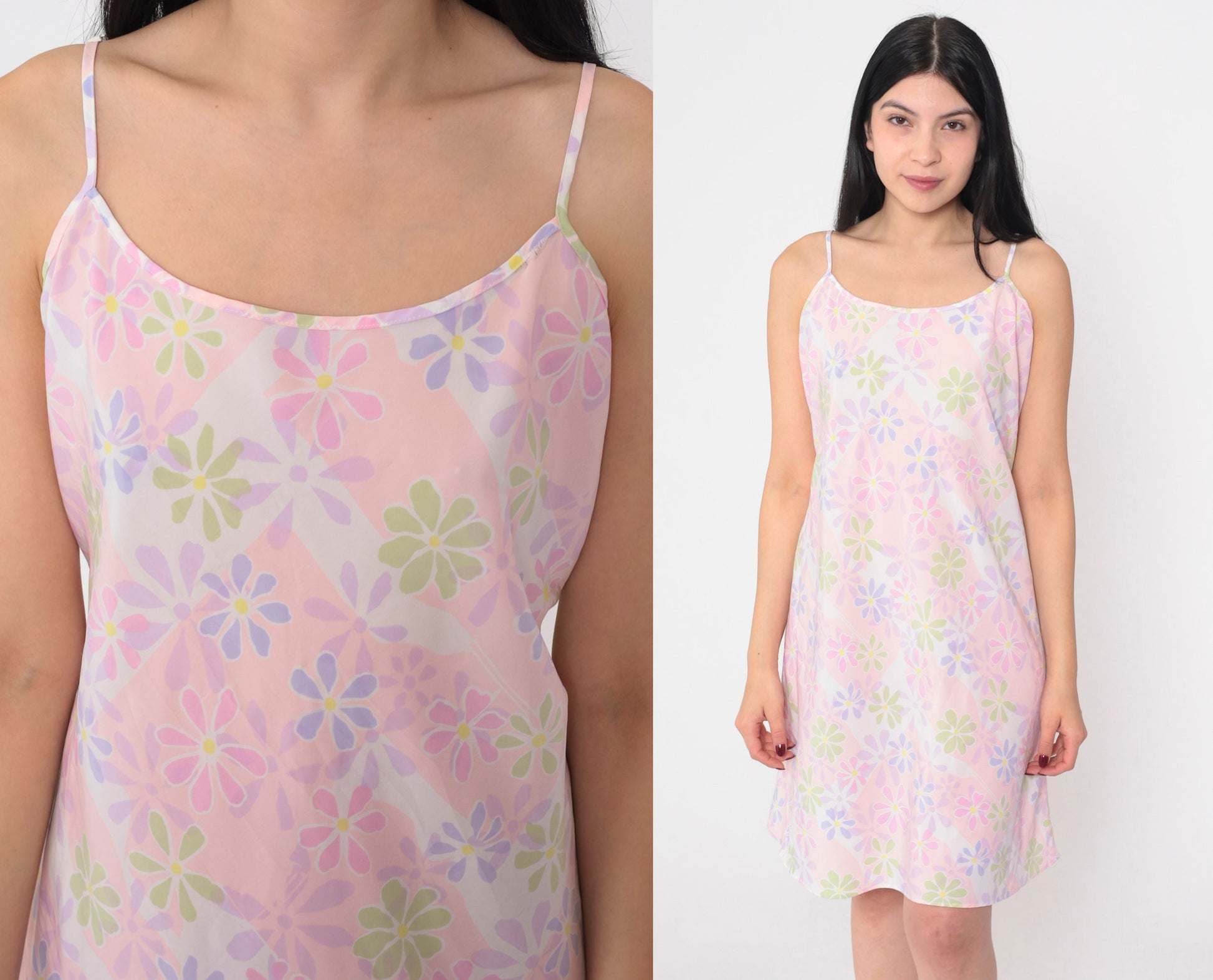 90s Baby Pink Daisy Floral Mini Slip Dress Spaghetti Strap Small M