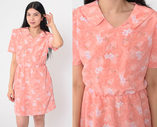80s Pink Floral Mini Dress Puff Sleeve High Waisted Johnny Collar Small