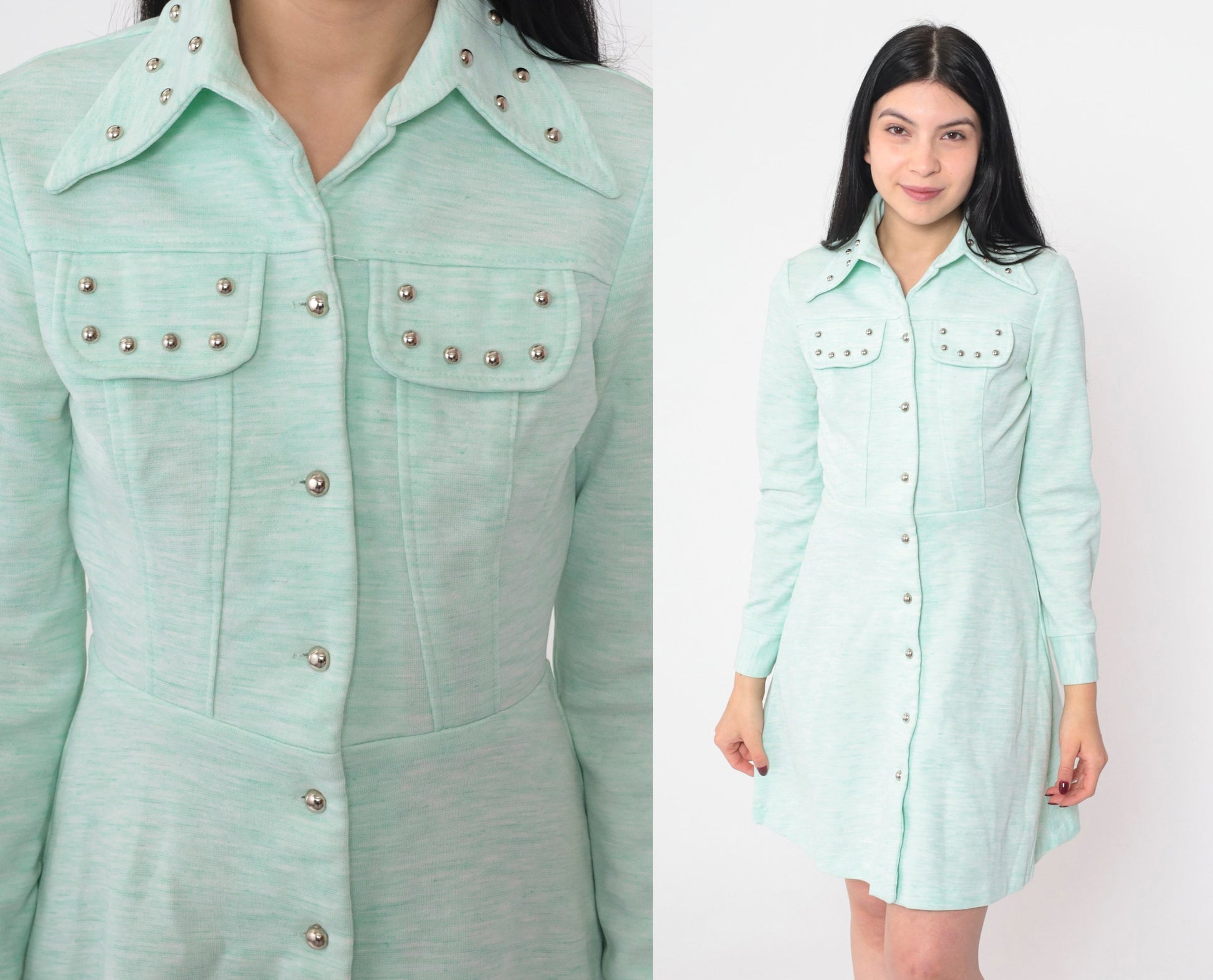 70s Studded Mint Button-Up Minidress Long Sleeve Collared Extra Small