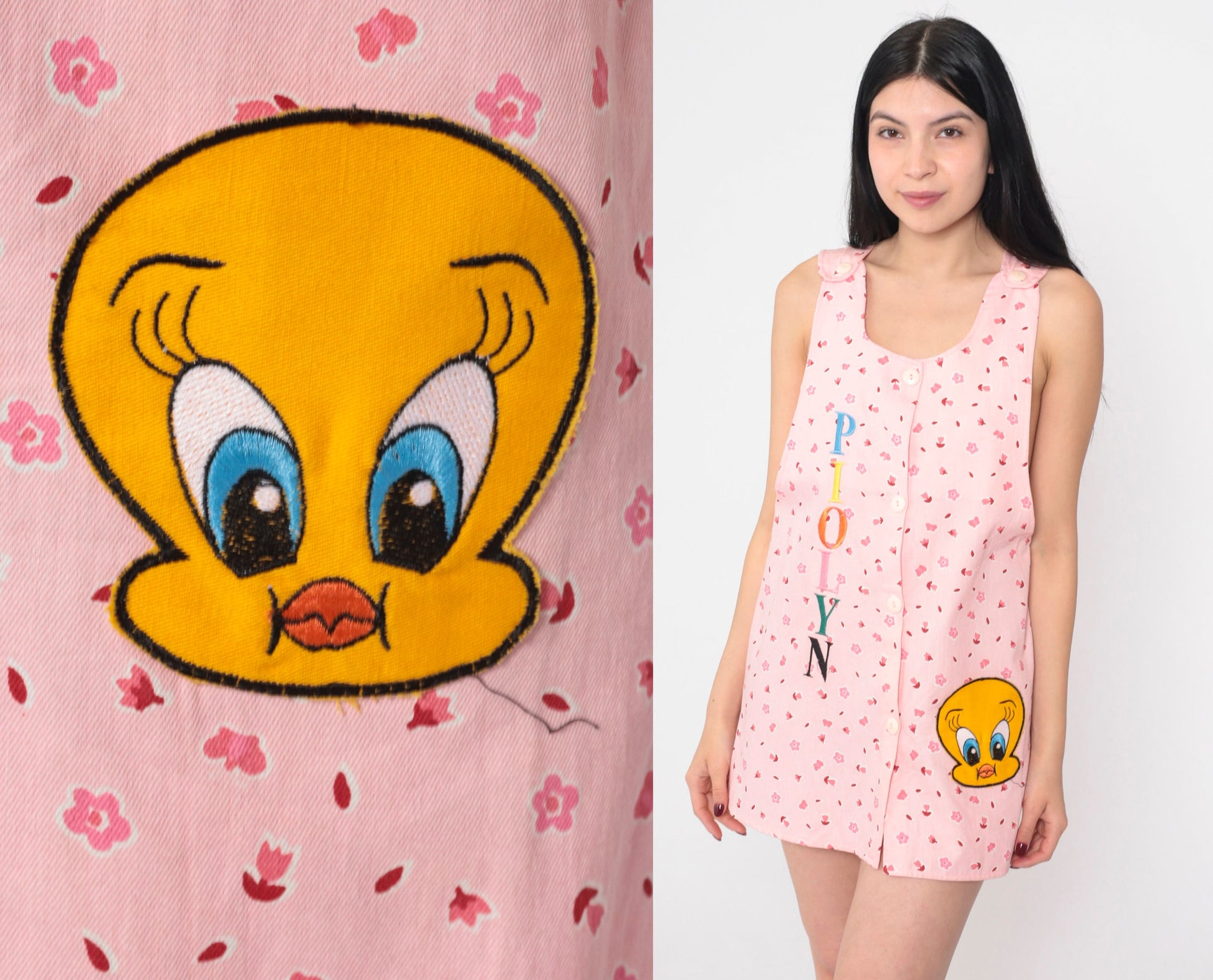 90s Tweety Bird Piolyn Floral Mini Dress Pink Sleeveless Button-Up Extra Small