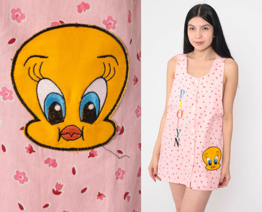 90s Tweety Bird Piolyn Floral Mini Dress Pink Sleeveless Button-Up Extra Small
