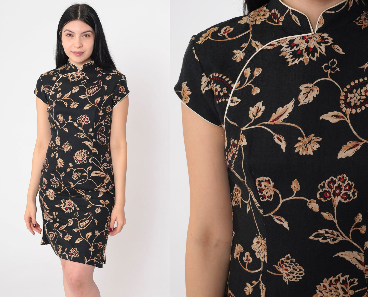 90s Black Floral Mini Dress Gold Red Asian Print Mandarin Collar Small