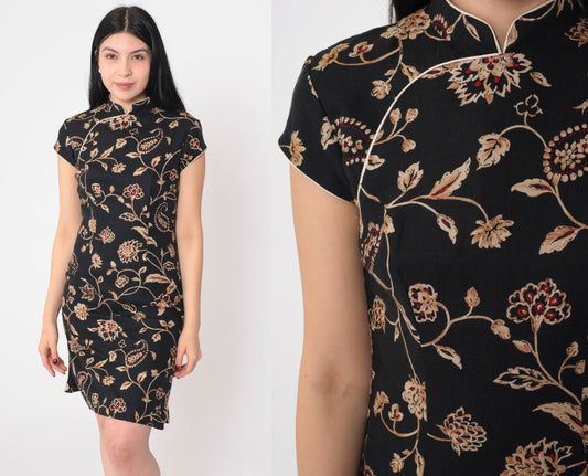 90s Black Floral Mini Dress Gold Red Asian Print Mandarin Collar Small