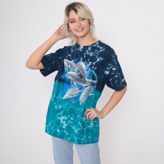 Y2K Sea World San Antonio Tie Dye Dolphin Graphic Tee Blue Cotton Medium