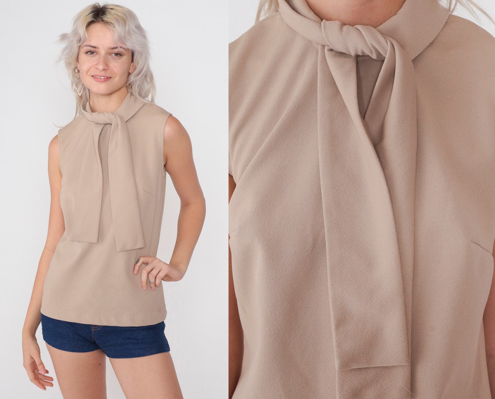 70s Taupe Ascot Tank Top Sleeveless Blouse Rear Zip Small