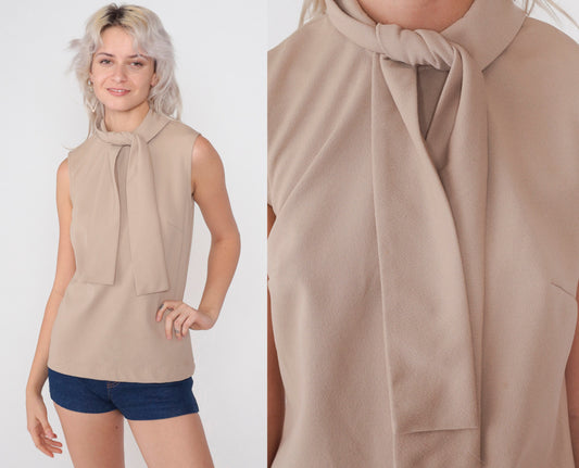 70s Taupe Ascot Tank Top Sleeveless Blouse Rear Zip Small