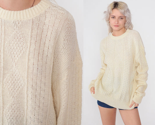 80s Cream Diamond Knit Pullover Sweater Textured Crewneck Large