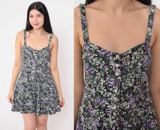 90s Energie Floral Corset Romper Sleeveless Wide Leg Cotton Medium