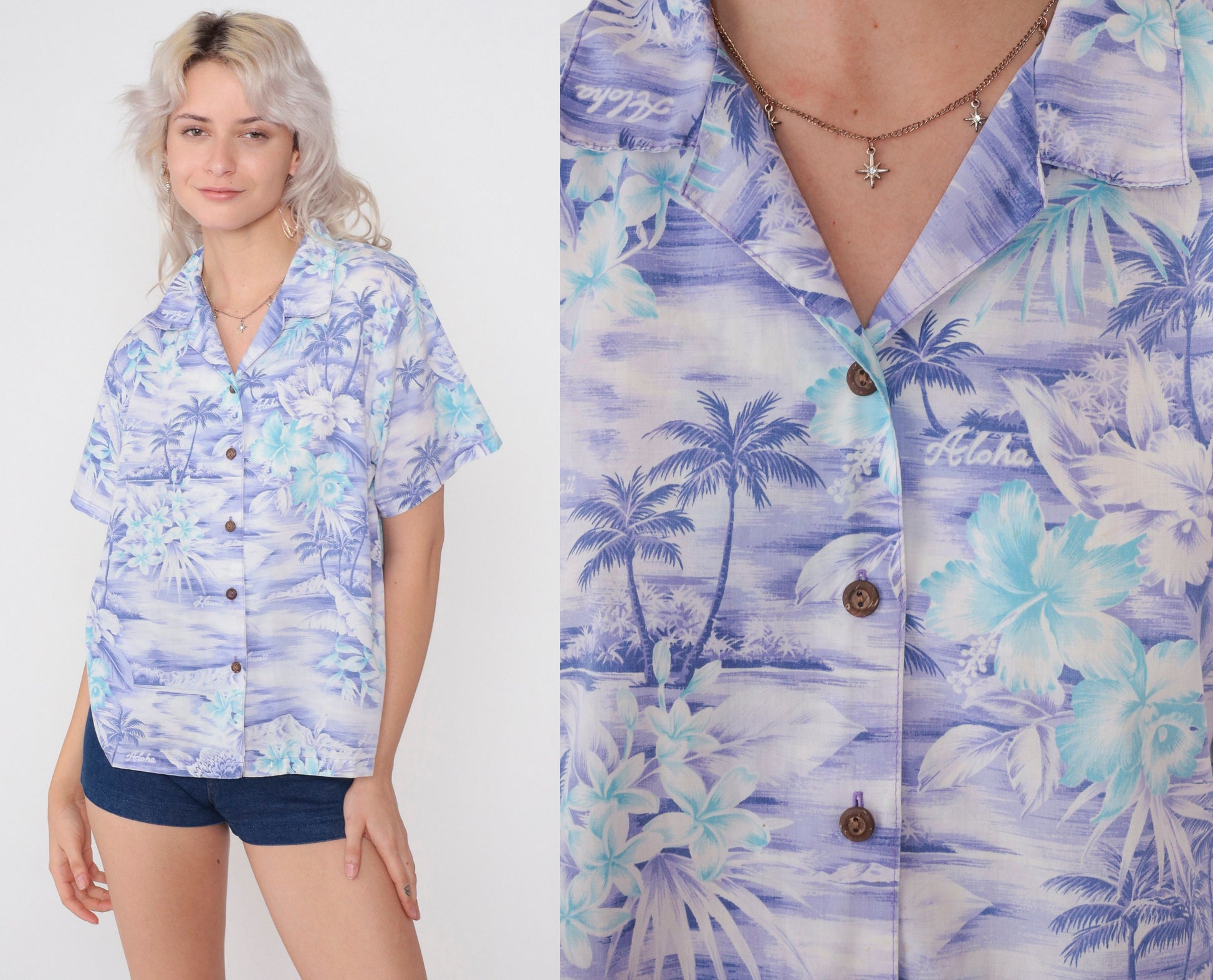 90s Purple Hawaiian Shirt Tropical Floral Aloha Print Button Up Medium M