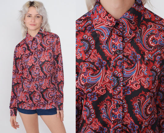 70s Disco Paisley Print Button-Up Blouse Long Sleeve Pointed Collar Black Red Blue Medium
