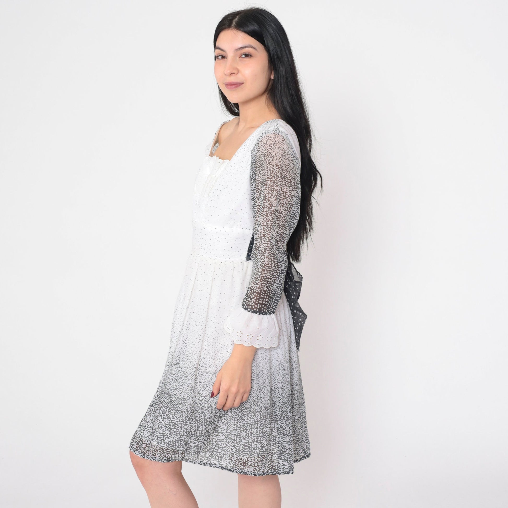 70s Black and White Eyelet Lace Mini Dress Long Sleeve Bow Small Medium