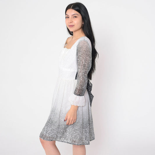 70s Black and White Eyelet Lace Mini Dress Long Sleeve Bow Small Medium