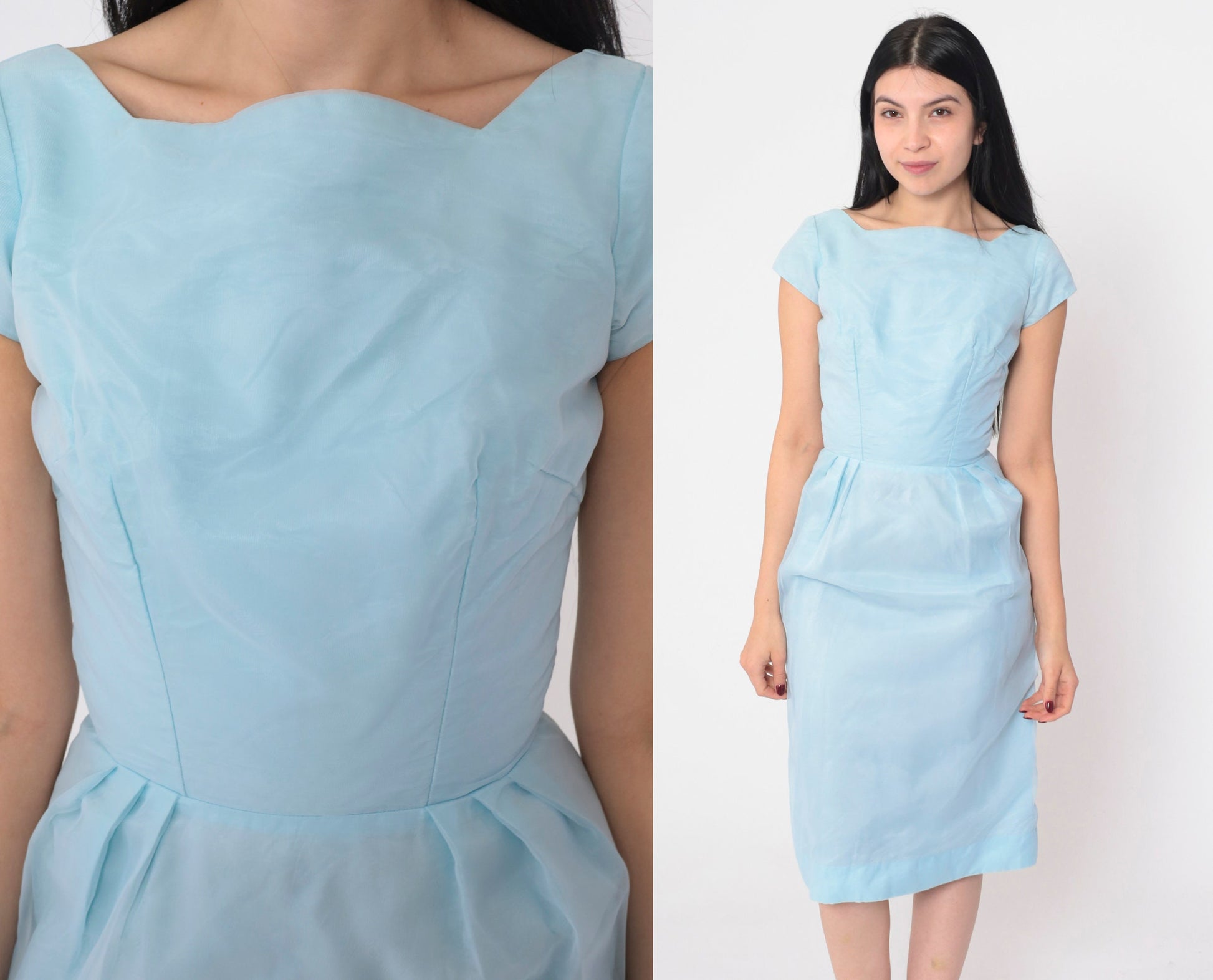 60s Baby Blue Scalloped Neckline Sheath Dress Cap Sleeve Knee Length Extra Small