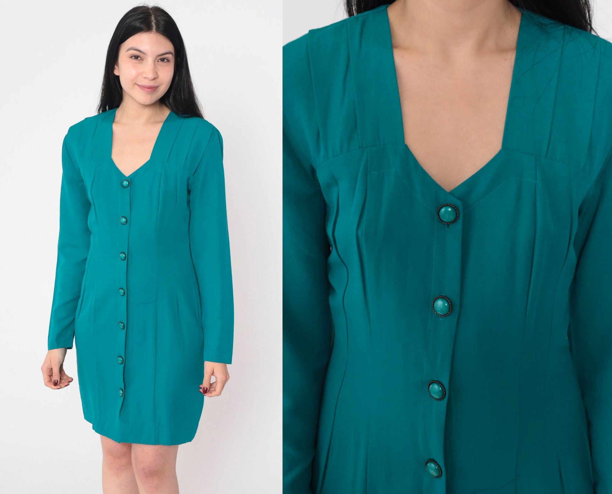90s All That Jazz Teal Mini Dress Button-Up Long Sleeve V-Neck Small S