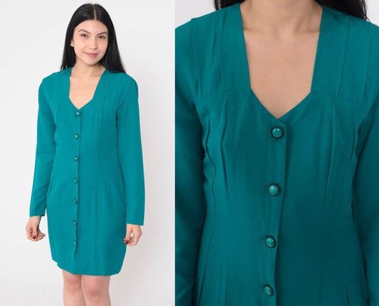 90s All That Jazz Teal Mini Dress Button-Up Long Sleeve V-Neck Small S