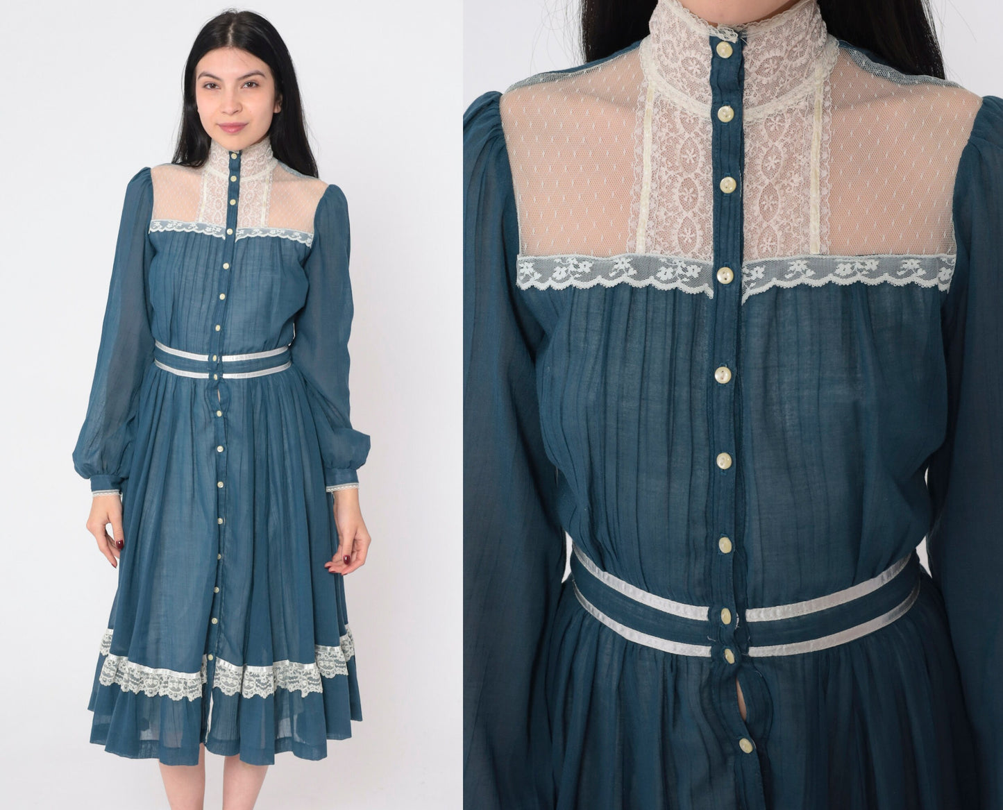 70s Gunne Sax Prairie Midi Dress Blue Lace Puff Sleeve High Waist Extra Small