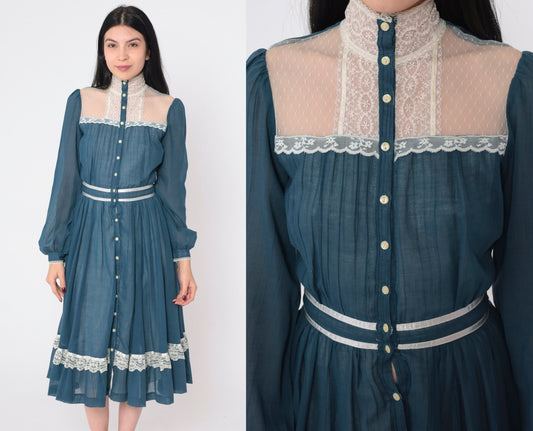 70s Gunne Sax Prairie Midi Dress Blue Lace Puff Sleeve High Waist Extra Small