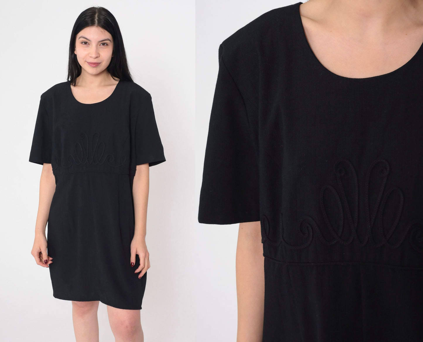 90s Kathie Lee Black Mini Shift Dress Soutache Trim Short Sleeve Large