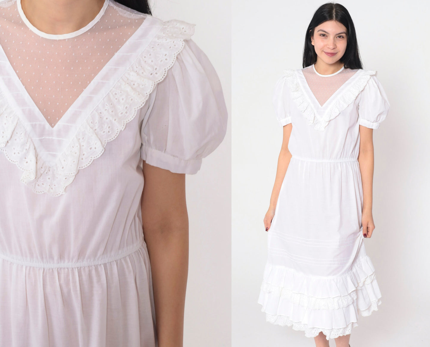 70s Jody White Eyelet Midi Dress Puff Sleeve Lace Yoke Small